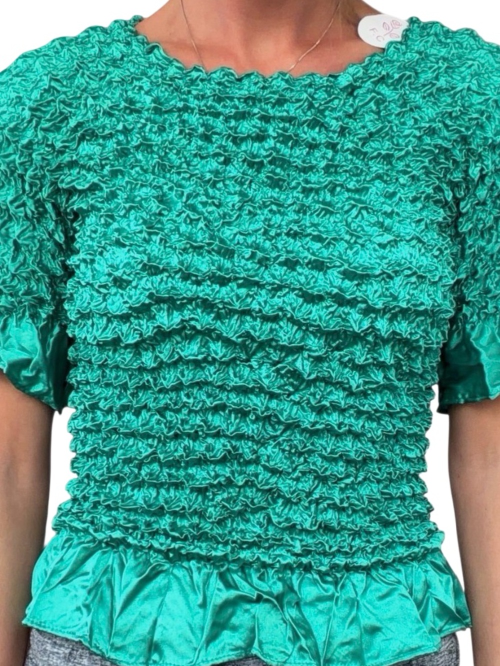Emmelee for F.C. | Women’s Bubble Teal Satin Ruffled Top | L